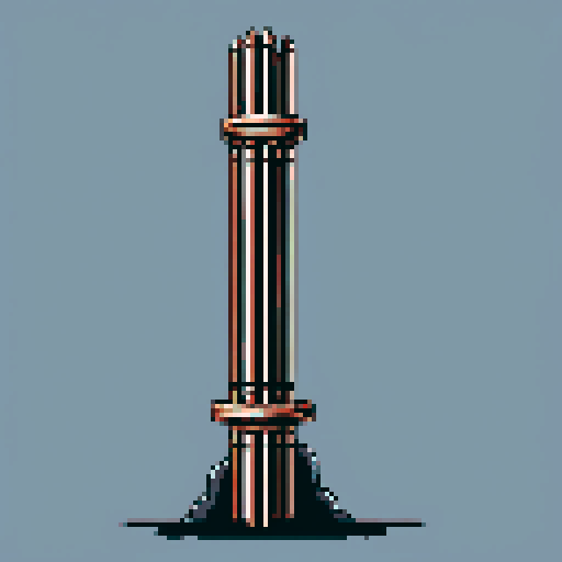 I want a tall vertical copper structure reminiscent of a organ pipe. It should have strange mechanical details that could interlock with each other. I also want this object usable an asset in a videogame, meaning only one object per image, outlined with a strong black stroke, on a solid-color background.