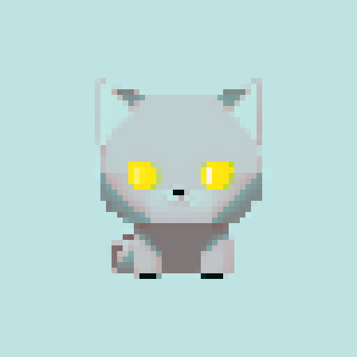 draw a small cat with very few details, really minimalist, with gray fur and yellow eyes