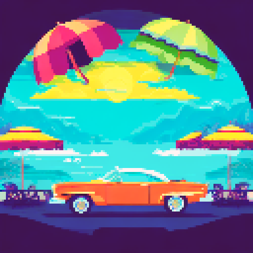 Colorful vintage convertible with surfboards strapped to the roof, parked in front of a retro motel with neon palm tree sign, surrounded by kitschy beach umbrellas and retro bikini-clad sunbathers lounging on striped beach chairs