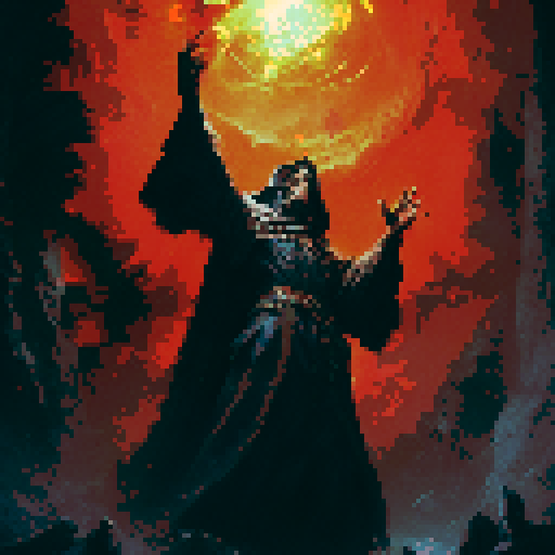 Fire wizard showing off his power in a dark cave. Fantasy rpg style. Medieval style 