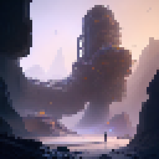 "Craft a concept art of a towering, golem-like industrial security structure guarding a glittering, subterranean mine in a fantastical RPG world of towering mountains, lava rivers, and steam-filled skies for the engineering of industrial and mining safety purposes."