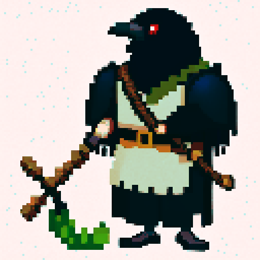 raven-like druid with beard, staff in hand