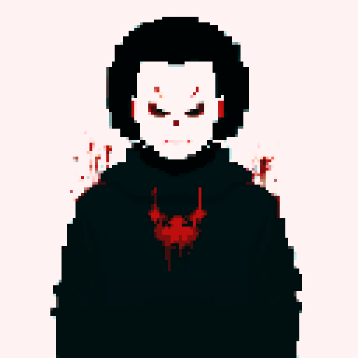 Michael Myers, dark silhouette, looming presence, blood-red eyes, pixelated horror, sRGB color palette, chilling atmosphere, knife-wielding figure