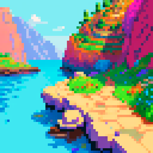 rocky path, vibrant colors, pixelated textures, jagged edges, low resolution, sRGB color space