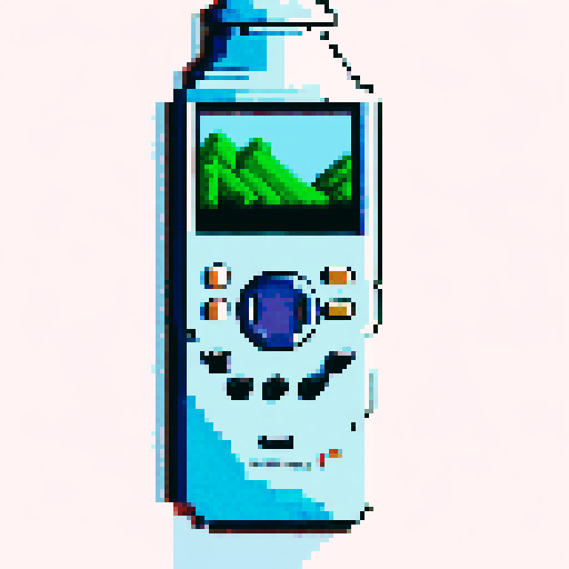 Nokia 3310 front view in a retro sRGB pixel art style with a vibrant blue background and a serene landscape