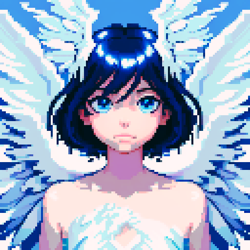 
Beautiful, ethereal angel with shimmering wings and flowing, liquid-like chrome body, rendered in minimalist pixel art with vibrant, dazzling sRGB colors