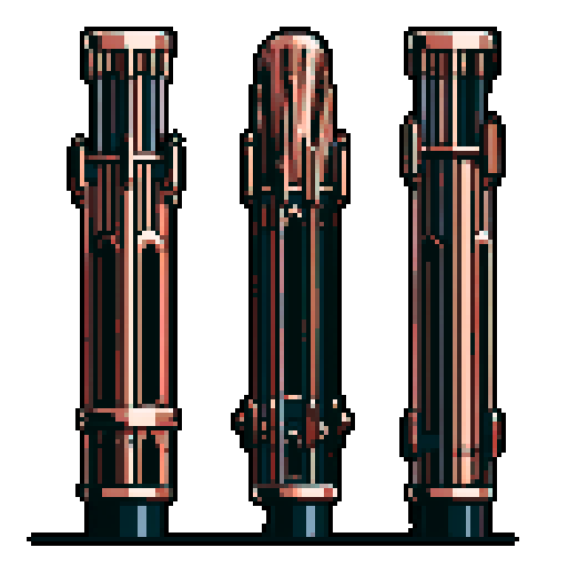 I want a tall vertical copper structure reminiscent of a organ pipe. It should have strange mechanical details that could interlock with each other. I also want this object usable an asset in a videogame, meaning only one object per image, outlined with a strong black stroke, on a solid-color background.