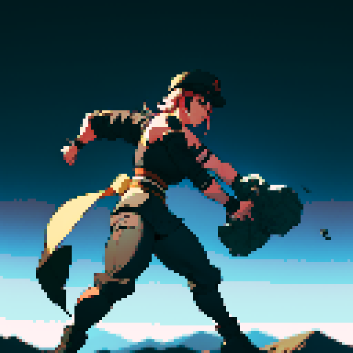 full-body image, muscle girl, female, thick biceps, big shoulders, big fists, muscular physique, thick waist, facing left, ready to fight, exaggerated proportions, black military uniform, black hat, military backdrop, sRGB, pixel art