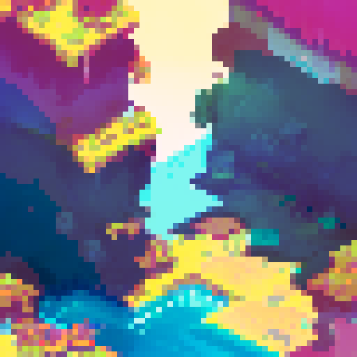 technological ziggurat with towering spires, shimmering in neon hues, surrounded by frozen waters reflecting the pixel art skyline