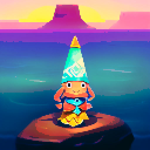 Orange-shelled crab magician with a tall cone hat, standing on a rocky beach during sunset with waves crashing behind