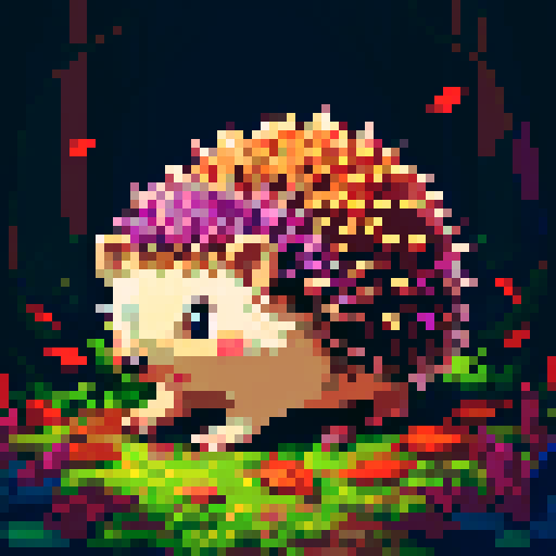 realistic hedgehog, purple forest, vibrant colors, pixelated leaves, sharp quills, dappled sunlight, intricate details, low resolution, retro aesthetic, jagged edges, limited color palette