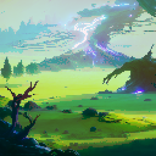 Glowing vines twisting around a towering, ancient tree with sparkling leaves, guarded by ethereal spirits wielding lightning bolts