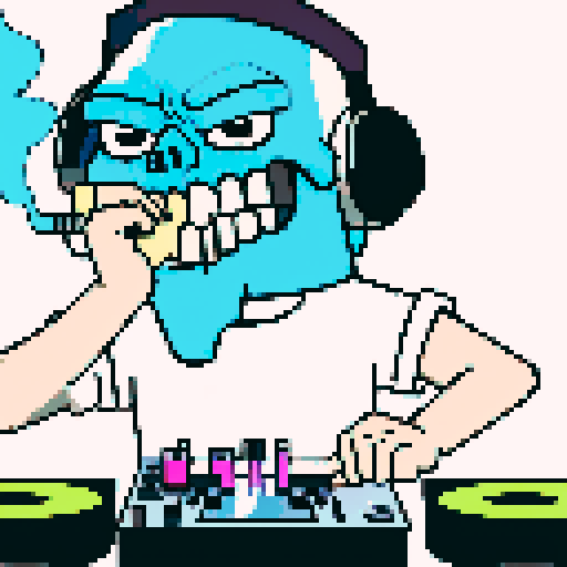 A blue skull dj smoking weed