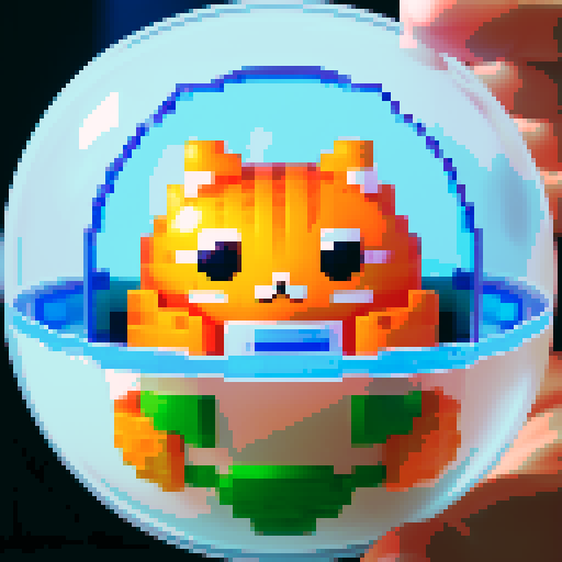 A sphere spaceship shaped like a gachapon with a clear window top. through the top window is an orange cat. cute