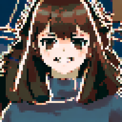 Brown and red-haired girl with a beaming smile framed by billowing blue curtains, captured in a character portrait with close-up details and an anime style, rendered in pixel art