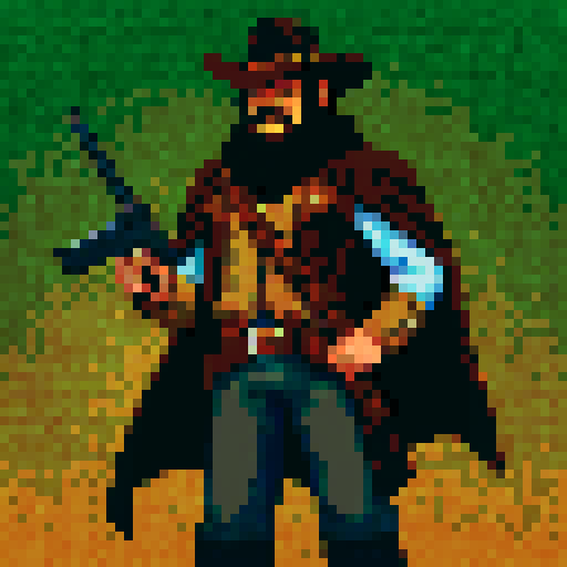 gritty cowboy, long brown cloak, sheriff, big gun on hip, ugly face, pixel art, sRGB