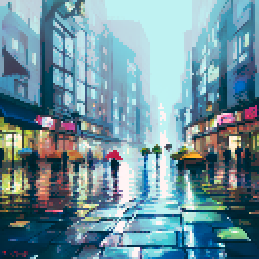 colorful umbrellas, wet cobblestone streets, towering skyscrapers, shimmering reflections in puddles, misty neon lights, people huddled under awnings, rain-soaked flowers, silhouettes of city dwellers with umbrellas, cascading water droplets on windows, a foggy skyline