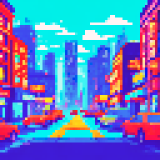 vibrant colors, retro aesthetic, bustling city street, neon signs, crowded marketplace, towering skyscrapers, steam rising from manhole covers, rain-soaked pavement