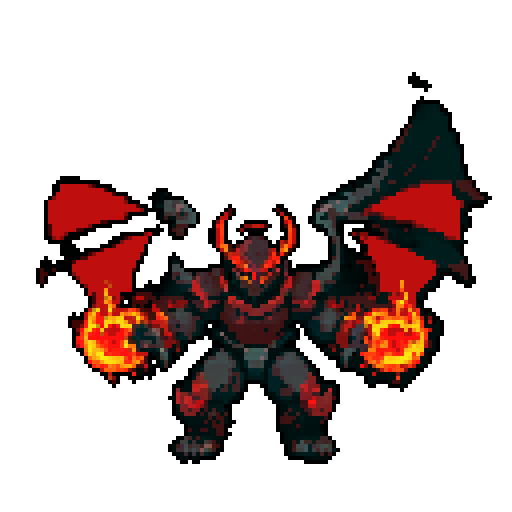 A fearsome, heavily armored demon with flames flickering around its body, massive wings, and glowing red eyes. It wields a fiery sword and has a menacing expression, ready to lead an army into battle. No background.
