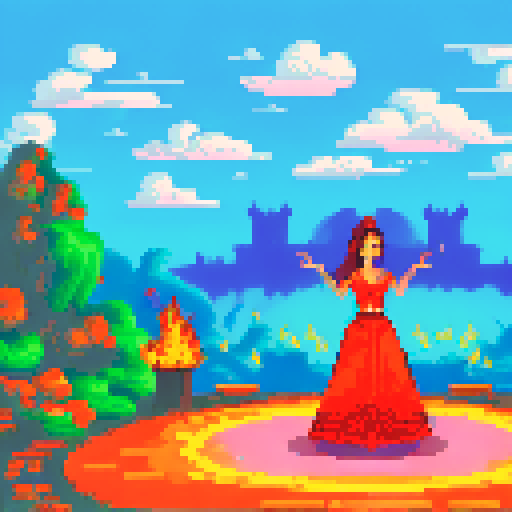 Andalusian gypsy girl, Candela, swirling in a pixel art flamenco dress as she dances the Ritual Fire Dance with her ghostly husband, surrounded by a vibrant sRGB campfire circle