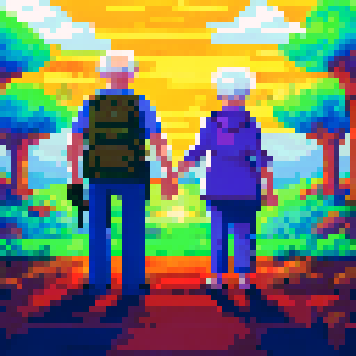 Grandparents, dressed in camouflage, standing back to back with machine guns in hand, their pixelated forms blending into the sRGB background