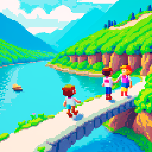 boy, girl, holding hands, walking, mountains, river, noon, summer, pixel art, sRGB