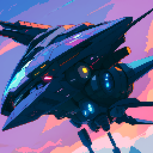 futuristic spaceship hovering above rocky planet, vibrant sky, game icon