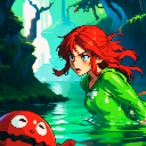 hero sinking into slime, hero drowning in slime, hero has red hair