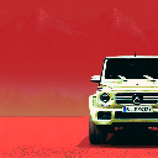 Photorealistic whole Mercedes-Benz G-class, three-quarter view, right front wheel, clean background, sRGB colors, pixel art style, background landscape