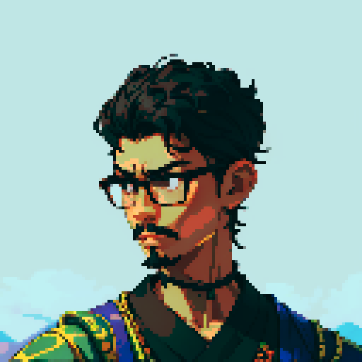 Southeast Asian man, short curly hair, round glasses, tanned, goatee, diamond shaped face, black eyes, wearing a robe