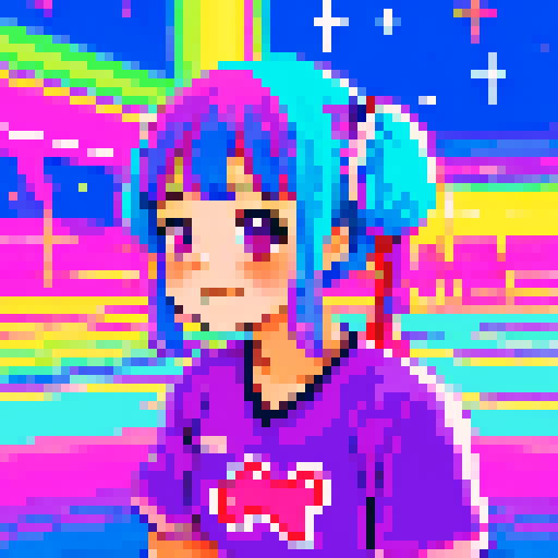 kawaii cheerleaders, pigtail hair, galaxy in the sky, meat background, neon colors