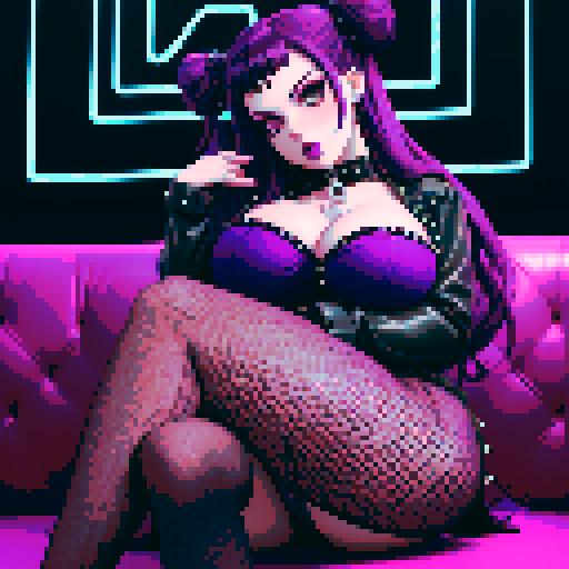 Thicc, curvy, busty goth babe with studded collar, long purple hair in buns, fishnet stockings. Close up aroused nude big titty goth sitting seductively on a couch, neon signage.  sRGB