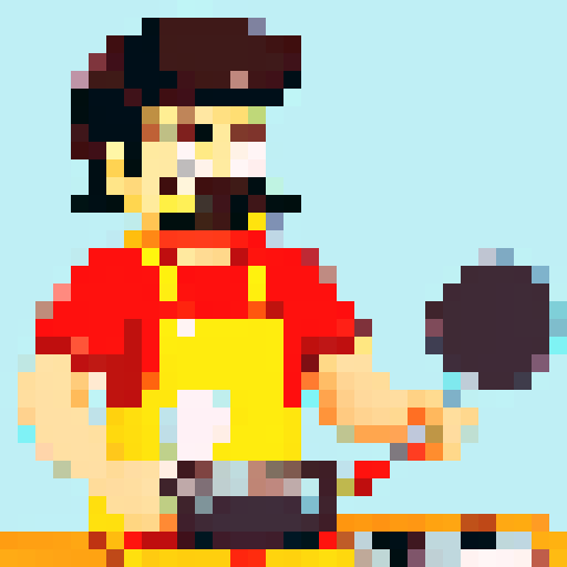cooking chef with moustache, frying pan in hand, pixel art, vibrant sRGB colors
