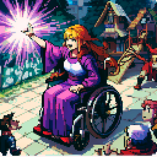 wheelchair bound school girl, vibrant playground, colorful murals, friends playing, sunny day, pixel art, sRGB