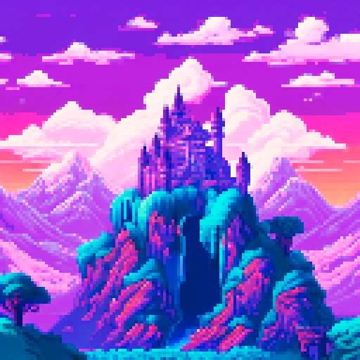 Gothic castle looming over misty mountains, surrounded by lush forests and cascading waterfalls, with a moat filled with shimmering blue water and a grand entrance adorned with golden gates