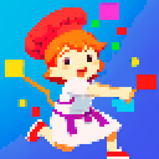 Cute, vibrant, playful chef, apron, juggling utensils, action shot, pixel art, colorful, no background just the character, sRGB