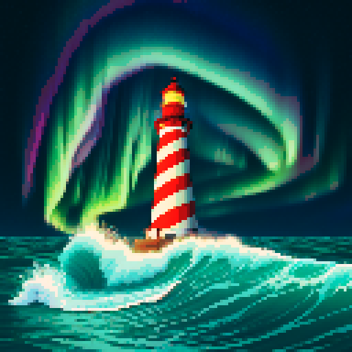 pixelated lighthouse standing tall, vibrant sea waves crashing, mesmerizing aurora dancing