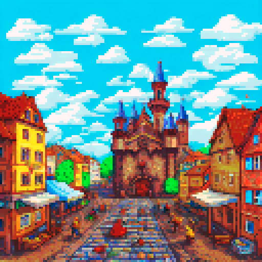 Crowded, bustling medieval market with colorful stalls selling fresh fruits, vegetables, meats, and baked goods; narrow cobblestone streets lined with wooden merchant shacks; castle towers and church spires rising above the bustling scene; all depicted in a vivid, sRGB pixel art style with a detailed background landscape