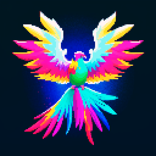 phoenix wings, vibrant colors, glowing feathers, fiery gradients, sharp pixel edges, transparent background, white. cyan and pink, sRGB