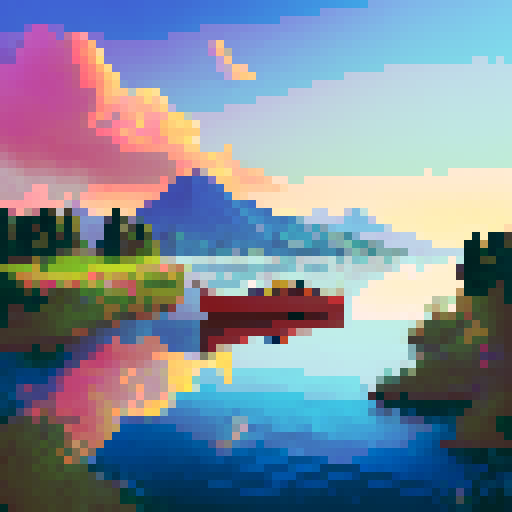 river dock, serene water, wooden planks, fishing boats, colorful sunset, distant mountains, calm reflection, vibrant sky, peaceful atmosphere, golden light, tranquil setting