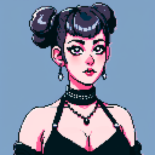 curvy, busty cute goth babe with studded collar, big titty goth wearing halter top, hair in buns, close up portrait, pixel art, sRGB