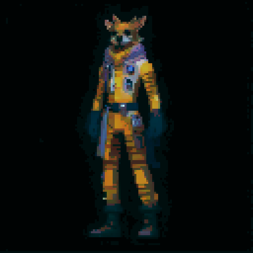 A pixel-art fighter for a 1v1 2D fighting game. The fighter is a “human” dog. See reference image.