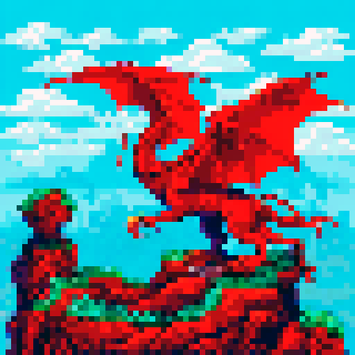 A majestic red dragon soaring over a vibrant pixelated landscape, with a sparkling sRGB background
