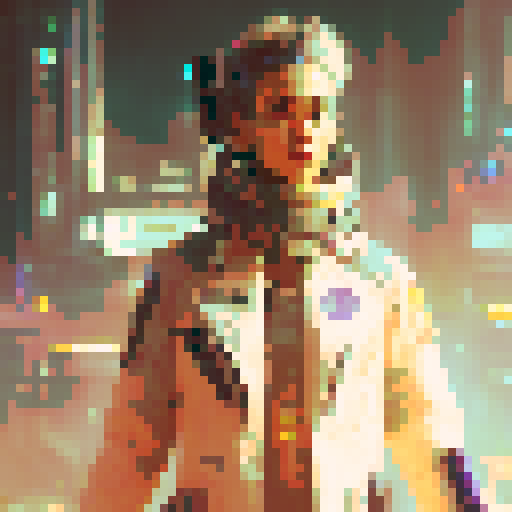 futuristic cyberpunk. A fierce warrior with a laser sword and cybernetic enhancements, standing on a neon-lit rooftop overlooking a sprawling, dystopian cityscape.