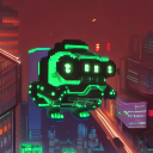 Pepe's cybernetic arms, adorned with neon green circuitry, deftly manipulate holographic data as he navigates through a Tron-inspired, neon-lit cityscape, with pixelated buildings stretching towards the virtual sky.