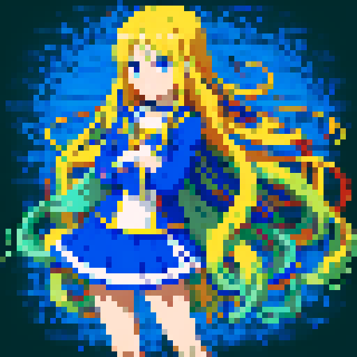 anime girl with long, flowing hair, bright blue eyes, and a mischievous smile, standing proudly in a revealing school unifor, with a 16 bit style that pops against the sRGB color palette
