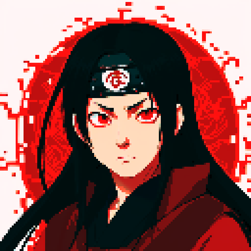 Itachi's mesmerizing, crimson Uchiha eyes radiating an intense red glow, surrounded by a mysterious black aura, evoke the enchanting visuals of a fantastical RPG character