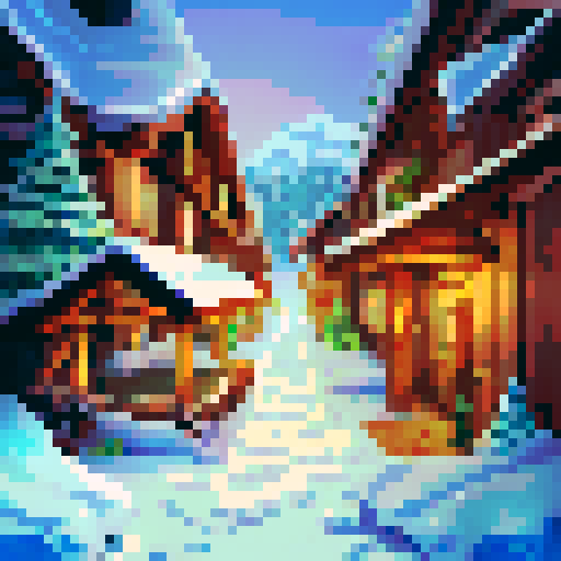 snowy mountain range ski town with a tiny lodge, igloo, campsite, cold, pixel art, sRGB, christmas themed
