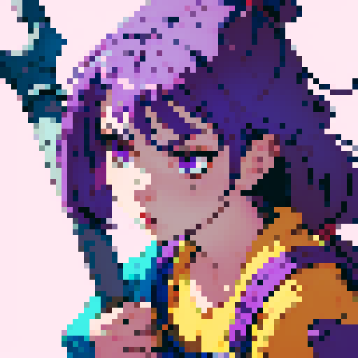 nerdy character, purple-haired, overalls-wearing, small hammer-wielding, jrpg-style, sRGB, pixel art