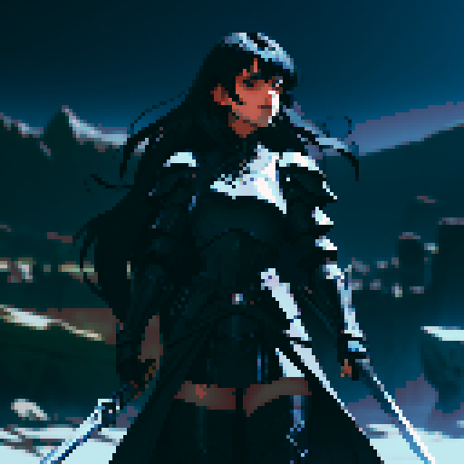 male, black armor, giant sword, long black hair, sexy, dark knight